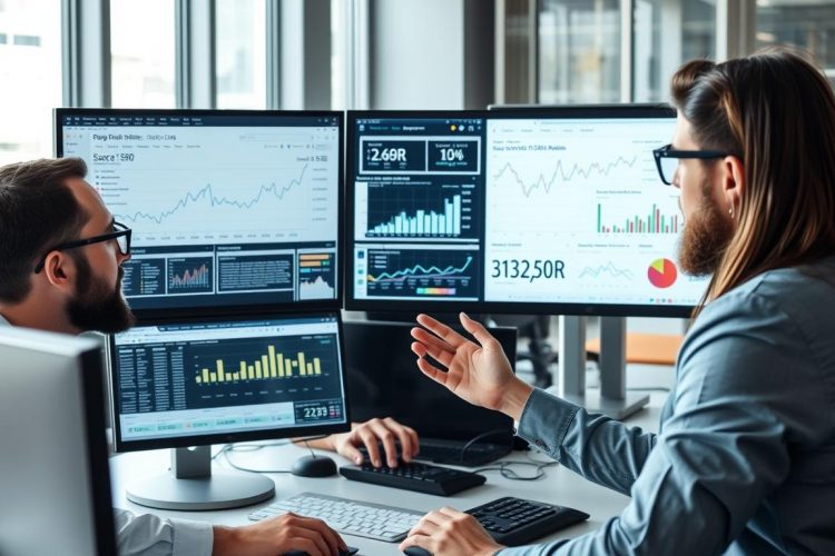 Experienced SEO professionals analyzing website data on multiple screens