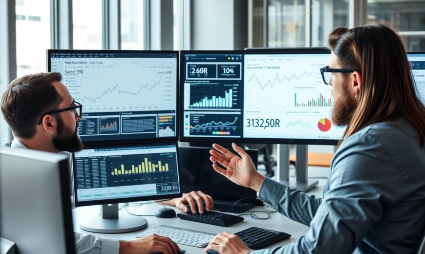 Experienced SEO professionals analyzing website data on multiple screens