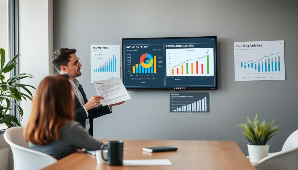 SEO professional presenting ROI metrics to client