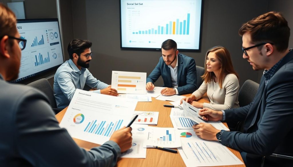SEO team analyzing data and developing strategy