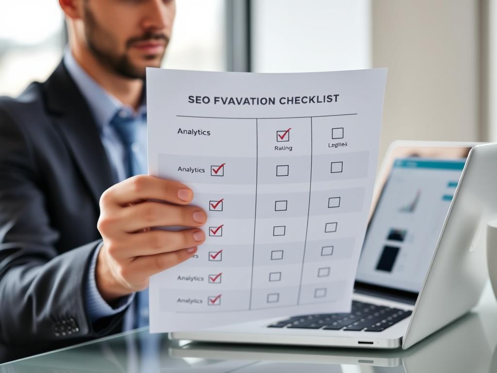 Business professional reviewing SEO provider evaluation checklist Business professional reviewing SEO provider evaluation checklist