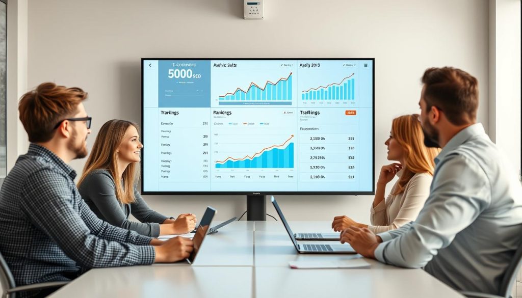 E-commerce team reviewing SEO results with agency specialists E-commerce team reviewing SEO results with agency specialists