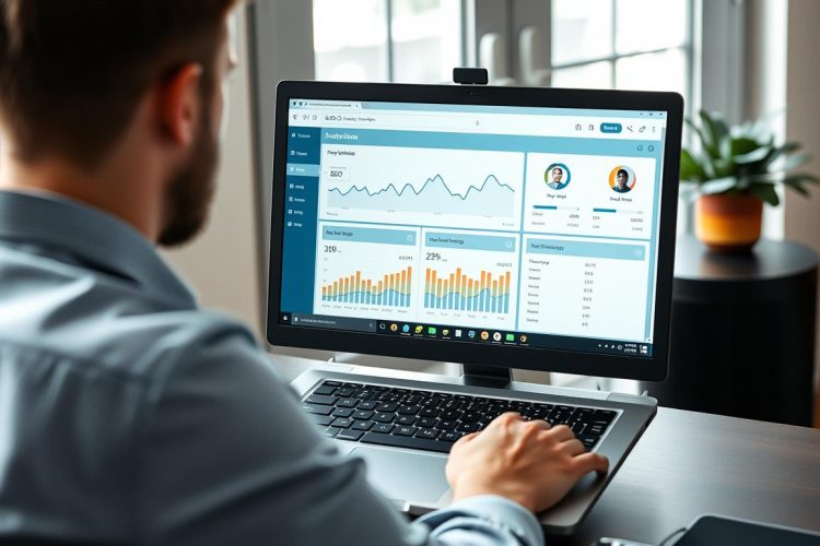 Freelancer for SEO working on laptop with SEO analytics dashboard