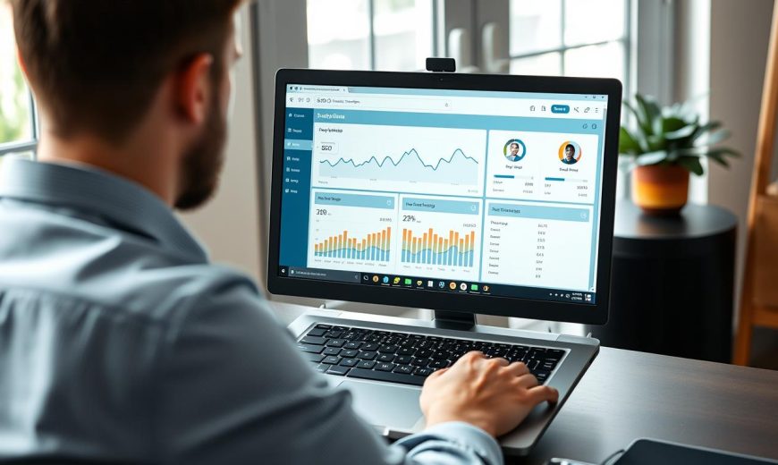 Freelancer for SEO working on laptop with SEO analytics dashboard