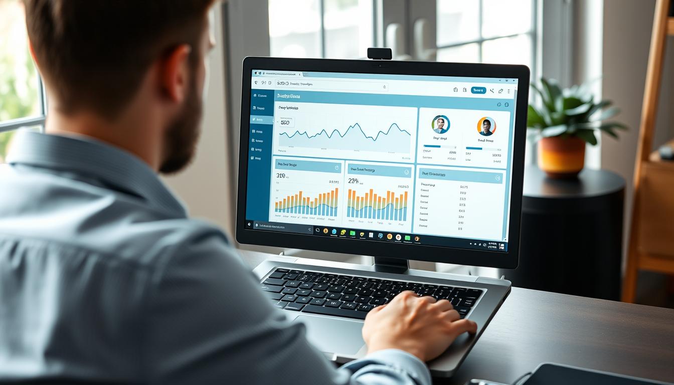 Freelancer for SEO working on laptop with SEO analytics dashboard