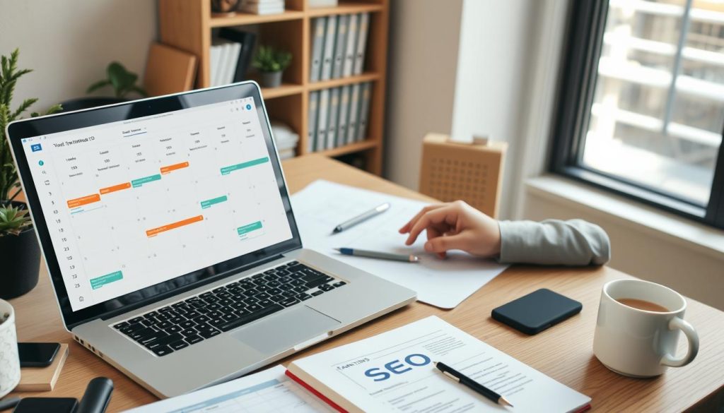 Freelancer implementing SEO strategy with calendar and task list Freelancer implementing SEO strategy with calendar and task list