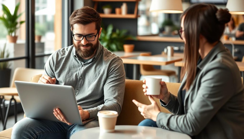 Local business owner working directly with freelance SEO specialist Local business owner working directly with freelance SEO specialist
