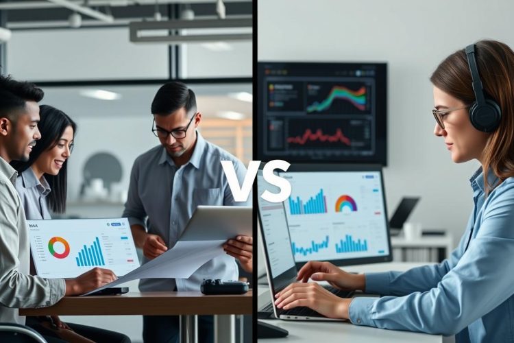 SEO Companies vs Freelance SEO Specialists comparison showing digital marketing professionals working