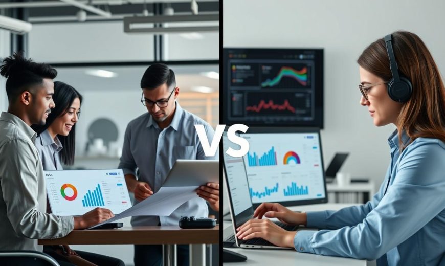 SEO Companies vs Freelance SEO Specialists comparison showing digital marketing professionals working
