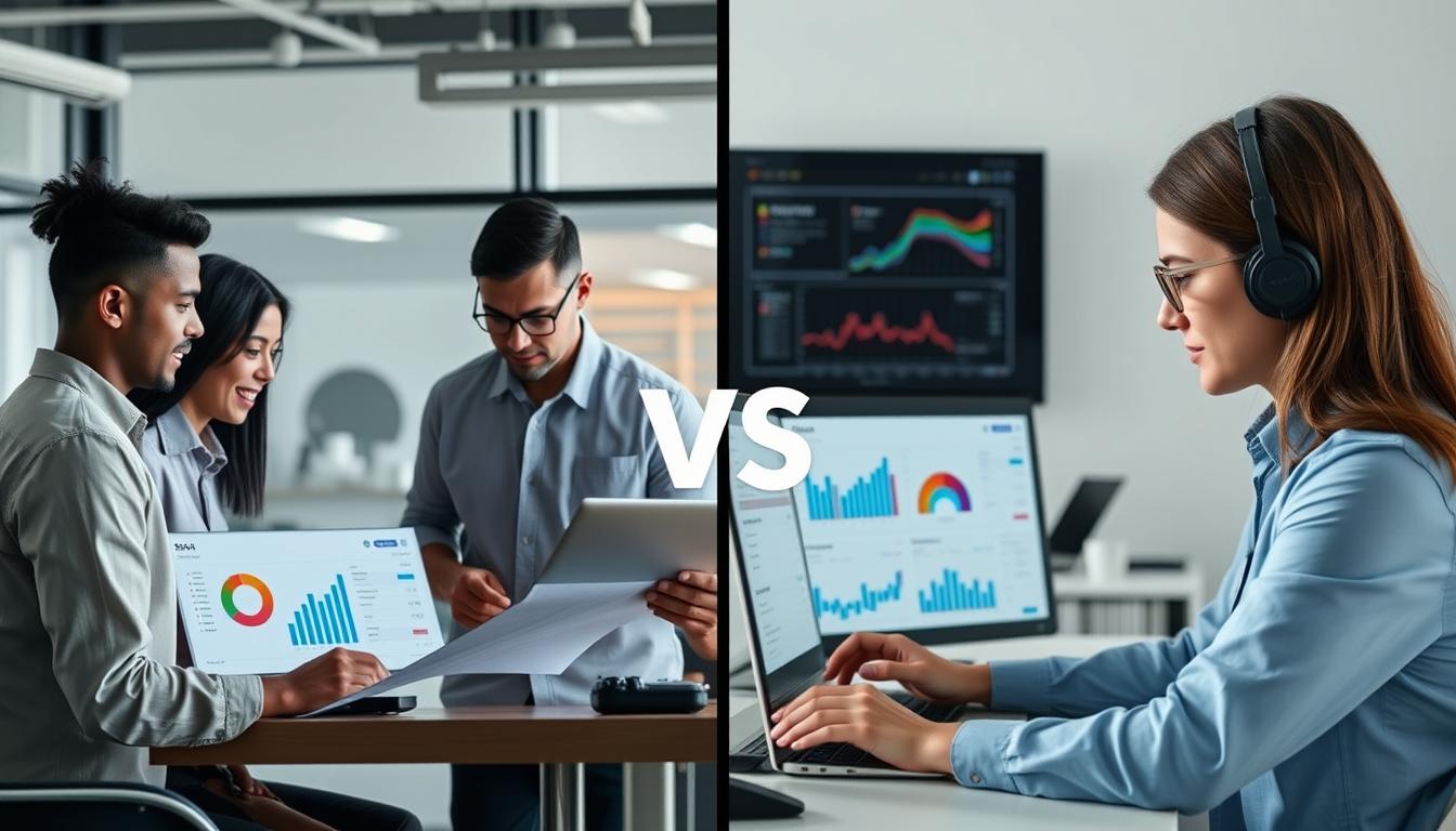 SEO Companies vs Freelance SEO Specialists comparison showing digital marketing professionals working